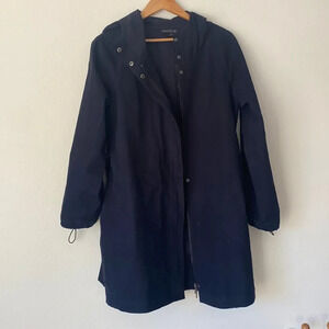 Lafayette 148 sz L navy cotton jacket snap and zip front with belt hooded EUC